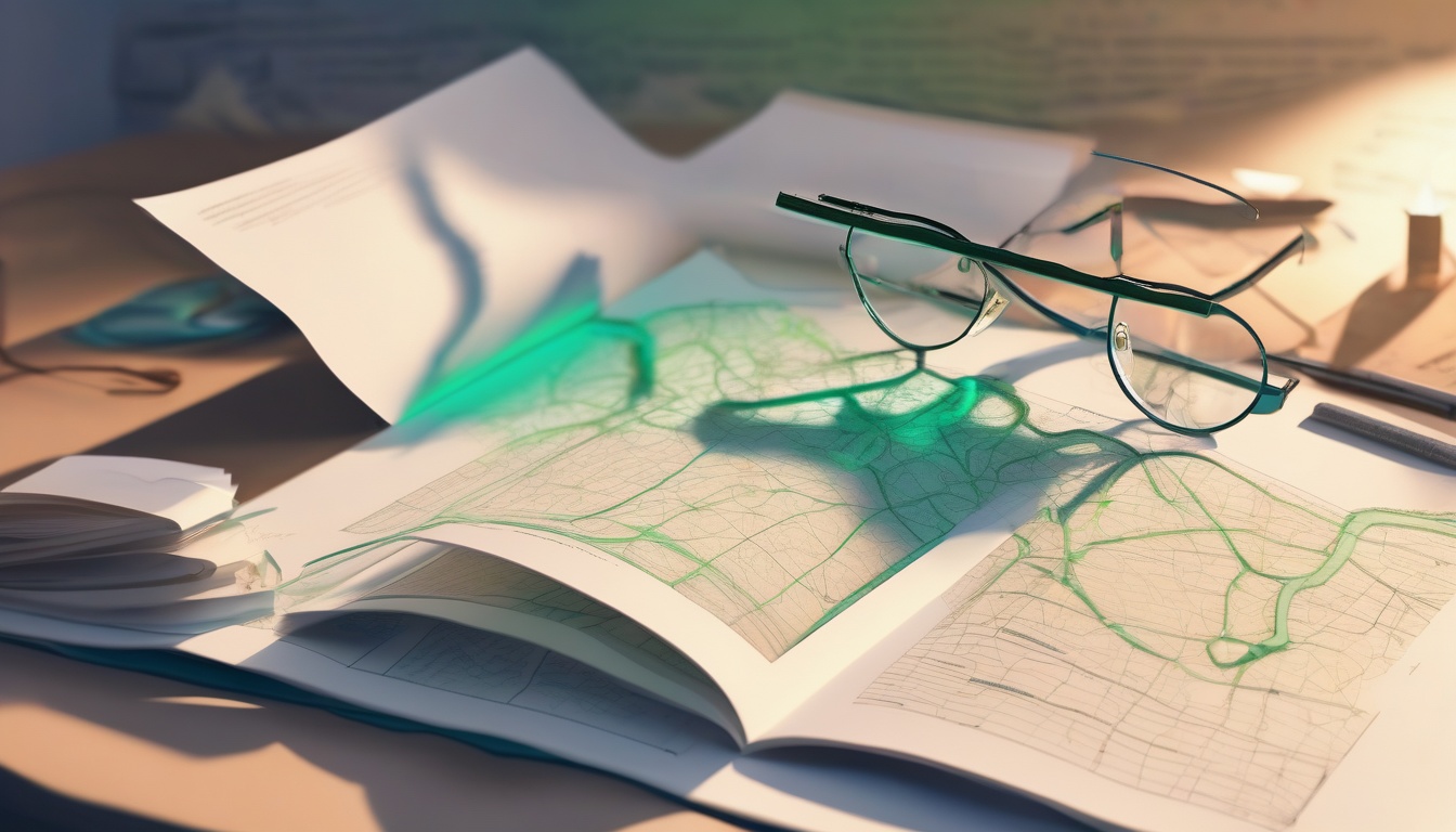デスクに広げた学術論文の上に枝分かれする経路図のホログラムが浮かぶ概念的なイメージ写真